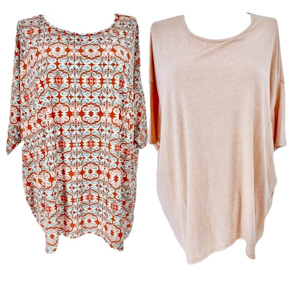 LuLaRoe Irma Tunic Top 3XL Duo 1 Coral Print 1 Solid Peach Soft Comfy Loose Fit - Picture 1 of 15